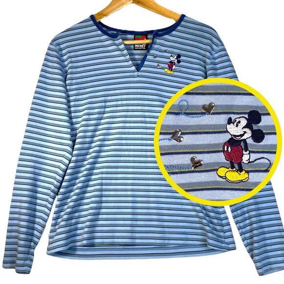 Vintage Disney Mickey Henley Womens M Blue 90s Embroidered Kidcore Nostalgia - Picture 1 of 8